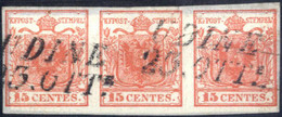 O 1850, 15 Cent. Striscia Orizzontale Di Tre I° Tipo, Usato A Udine 23. OTT., Splendido, Sass. 3 / 550,- - Lombardy-Venetia