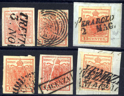 O/piece 1854, "Pieghe Di Carta", 15 Cent. Rosso Vermiglio, Primo Tipo, Sei Esemplare Con Tipologie Diverse Di Pieghe Di  - Lombardy-Venetia