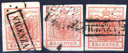 O 1854, "Pieghe Di Carta", 15 Cent. Rosso, Primo Tipo, Tre Esemplari Con Vistose Pieghe (Sass. 3) - Lombardo-Veneto