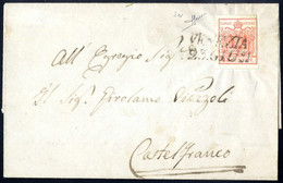 O/cover 1850, "Primo Mese D' Uso", Lettera Da Venezia 23.Giugno 1850 Per Castelfranco Affrancata Con Sass 3a, Cert. Sora - Lombardy-Venetia