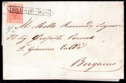 O/cover 1850, 15 Cent. Rosso, Prima Tiratura, Su Lettera Da Milano 23.10.1850, Firm. Sorani (Sass. 3a - ANK 3HI Erstdruc - Lombardy-Venetia