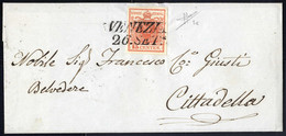 O/cover 1850, 15 Cent. Rosso Carminio, Primo Tipo, Su Lettera Da Venezia 26.9.185? Per Cittadella, Splendida, Firmata So - Lombardy-Venetia