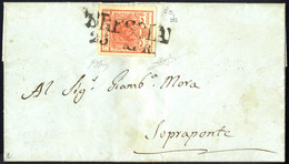 O/cover 1850, 15 Cent. Rosso Vermiglio Chiaro Su Lettera Da Brescia, Firm. Gazzi, Oliva E Raybaudi (Sass. 3e - ANK 3h) - Lombardy-Venetia