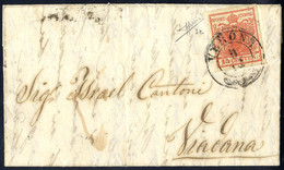 O/cover 1850, 15 Cent. Rosso Vermiglio, Primo Tipo, Su Lettera Da Verona, Firm. A. Sorani (Sass. 3e - ANK 3HI) - Lombardy-Venetia