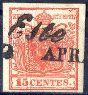 O 1850, "Pieghe Di Carta", 15 Cent. Rosso Carminio Vivo, Duplice Grinza Verticale, Usato, Firm. E. Diena (Sass. 3d) - Lombardy-Venetia