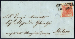 O/cover 1850, "Pieghe Di Carta", 15 Cent. Rosso Vermiglio Intenso, Primo Tipo, Su Lettera Da Cremona 20.8.1851 Per Milan - Lombardy-Venetia