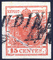 O 1854, "Pieghe Di Carta", 15 Cent. Rosso Carminio Scuro, Usato, Cert. Sottoriva (Sass. 3h) - Lombardy-Venetia