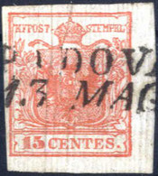 O 1850, 15 Cent. Rosso Vermiglio, I°tipo, Sua Carta Costolata Parzialmente E Piega Di Costolatura, Carta Sottile 0,07mm, - Lombardy-Venetia