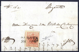 O/cover 1851, "Carta Costolata", 15 Cent. Rosso Vermiglio, Primo Tipo, Su Lettera Da Padova, Cert. Sorani (Sass. 14) - Lombardy-Venetia