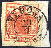 O/piece 1854, "Pieghe Di Carta", 15 Cent. Rosso Vermiglio, "carta Costolata", Usato (Sass. 14) - Lombardy-Venetia