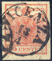 O/piece 1850, "Carta Costolata", 15 Cent. Rosso Vermiglio, Secondo Tipo, Costolatura Molto Evidente, Cert. Strakosch (Sa - Lombardy-Venetia