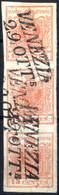 O 1850, 15 Cent. Striscia Verticale Di Tre Con Coppia Di Francobolli Di Tipi Diversi Su Carta A Coste Verticali, Usato A - Lombardy-Venetia