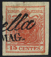 O 1851, Carta A Coste Verticali, 15 Cent. Rosso Vermiglio Intenso, Secondo Tipo, Cert. E. Diena (S. 15b / 1300,-) - Lombardy-Venetia