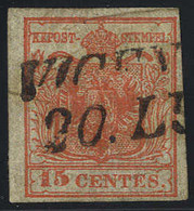 O 1851, Carta A Coste Verticali, 15 Cent. Rosso Vermiglio, Secondo Tipo, Con "decalco", Cert. E. Diena (S. 15c / 2000,-) - Lombardy-Venetia