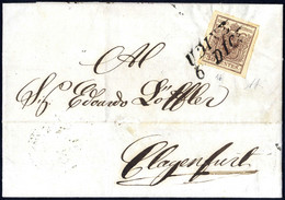 O/cover 1851, "Carta Costolata", 30 Cent. Bruno Rossastro Su Lettera Da Udine, Firm. A. Diena (Sass. 16) - Lombardy-Venetia