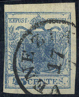 O 1851, "Carta Costolata", 45 Cent. Azzurro, Primo Tipo (Sass. 17) - Lombardy-Venetia