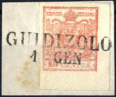O/piece 1850, Frammento Con 15 Cent. Angolo Di Foglio (7x4mm), Usato A Guidizolo 1.GEN, Splendido, Sass. 20 / Ferch. 230 - Lombardy-Venetia