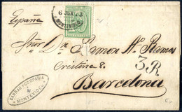 O/cover 1873, Brief Aus Montevideo Am 6.6. Nach Barcelona (Spanien) Frankiert Mit 10 C. Grün, Taxiert Mit 3 R, Mi. 34 - Uruguay