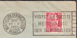 Flamme FLIER De 34 MONTPELLIER CENTRALISATEUR 1951 " Visitez La Grotte " Sur Enveloppe Pub CITROEN  Et GANDON 15f - Mechanische Stempels (reclame)