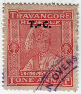 India TRAVANCORE-COCHIN Princely State 1-ANNA Revenue STAMP 1931-1945 Good/USED - Travancore-Cochin