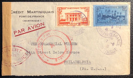 Martinique Lettre Tarif à 10FR50 1941 N°144 & 153 Obl Fort De France Violet Pour PHILADELPHIA USA + 2 Censures RR - Lettres & Documents