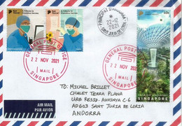 SINGAPORE COVID-19 WARRIORS. / VACCINATION LAUNCH . Letter Sent To Andorra,with Local Arrival Postmark - Singapur (1959-...)