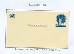 NU New York - Vereinte Nationen Entier Postal 1952 Y&T N°EP1952-01 - Michel N°GZS1952-01 *** - 2c  Bâtiment De L'ONU - Briefe U. Dokumente