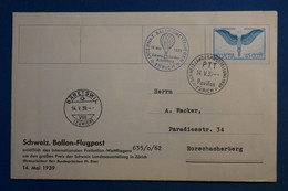 AL7 SUISSE  BELLE LETTRE 1939  BALLON ZURICH   +FLUGPOST ++AEROPHILATELIE+  ++  AFFRANCH. PLAISANT - Andere & Zonder Classificatie