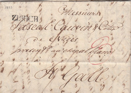 LETTRE. SUISSE.  13 FEVR 1823. ZURICH. POUR PASCAL CAUVIN DE NICE PRESENT AU CHEVAL BLANC ST GALL - ...-1845 Prephilately