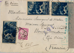 1938 , BARCELONA - BOURG MADAME , FRONTAL CERTIFICADO POR AVIÓN , ED. 749 , 774 X 3 , OBREROS DE SAGUNTO , CENSURA - Storia Postale