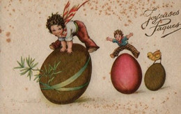 Superbe Illustrée De Pâques Dorée  Signée BUSI : Enfants Jouant à Saute-mouton Sur Des Oeufs - Busi, Adolfo