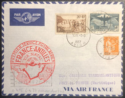 Martinique Lettre Premier 1er SERVICE POSTAL AERIEN FRANCE-ANTILLES Via Natal SEPTEMBRE 1937 Avec N °321 10fr Atlantique - Storia Postale