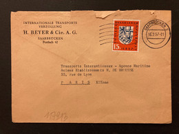 LETTRE TP 1957 15F OBL.MEC.13-2 57 SAARBRUCKEN + H. BEYER & Cie A.G. INTERNATIONALE TRANSPORTE - Briefe U. Dokumente