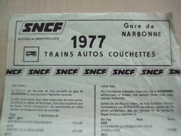 Ancien Horaire SNCF 1977 TRAINS AUTOS COUCHETTES GARE DE NARBONNE - Europa