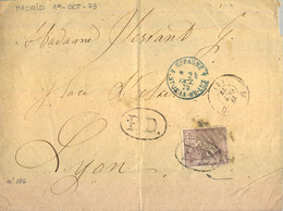 1873 , MADRID - LYON , ED. 136 - 40 CTS. ALEGORIA DE ESPAÑA , MAT. " P.D. " , ST. JEAN DE LUZ , PARIS / GARE DE LYON - Cartas & Documentos