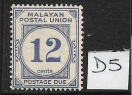 MALAYA - MALAYAN POSTAL UNION 1936 12c POSTAGE DUE SG D5 LIGHTLY MOUNTED MINT Cat £45 - Malayan Postal Union