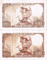 DOS Billetes 100 Pesetas 1965. Gustavo Adolfo Becquer. VARIEDAD Color - 100 Pesetas
