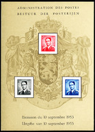 BELGIUM(1953) King Baudouin With Glasses. Deluxe Proof (LX16) Of 3 Values On Card. Scott Nos 446-8, Yvert Nos 924-6. - Folettos De Lujo [LX]