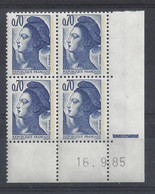 LIBERTE N° 2240 - Bloc De 4 COIN DATE - NEUF SANS CHARNIERE - 16/9/85 Repère Electronique - 1980-1989