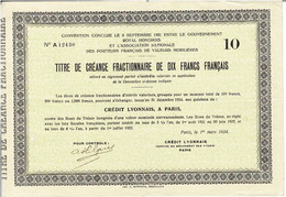 Titre Ancien - Titre De Créance Fractionnaire De 10 Francs Français -Titre De 1924 - - Autres & Non Classés