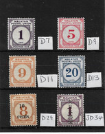 MALAYA - MALAYAN POSTAL UNION 1945 - 1964 POSTAGE DUES SG D7, D9, D11, D13, D29, JD34 MOUNTED MINT Cat £68+ - Malayan Postal Union