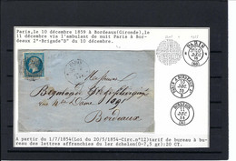 Frankreich Mi.13 Mit "Cercles En Octogones De Ponts" Auf Brief Von Paris Nach Bordeaux 1859 - 1853-1860 Napoleon III