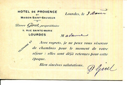 65.LOURDES.CARTE VISITE.HOTEL DE PROVENCE ET MAISON SAINT SAUVEUR.PIERRE GIRET PROPRIETAIRE 9 RUE SAINTE MARIE. - Non Classés