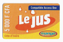 COTE D'IVOIRE Prepayé MANGO 5000 FCFA COMPATIBLE ACCESS ONE LE JUS Sans Date Au Recto LOGO ARGENT MANGO - Côte D'Ivoire