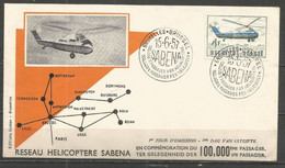 Belgique - SABENA - Réseau Hélicoptère - FDC 15-6-57 - Sikorsky S58 - Timbre N°1012 - Aéreo