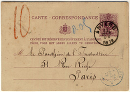 BELGIQUE / FRANCE - 1879 Taxe Façon Manuscrite "10" En Rouge Sur Entier CP 10c Lilas D'Anvers à Paris -TB - Covers