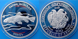 ARMENIA 100 D 2007 ARGENTO PROOF SILVER ENDANGERED WILDLIFE SALMO ISCHCHAN FISH ANIMAL EN PERIL PESO 28,28g TITOLO 0,925 - Armenia