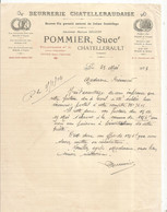 Facture, Courrier Commercial, BEURRERIE CHATELLERAUDAISE , Seguin,Pommier Successeur, Chatellerault 1924, Frais Fr 1.95e - Lebensmittel