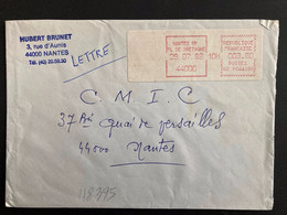 LETTRE VIGNETTE G2 à 003,60 Du 29 07 88 NANTES RP PL DE BRETAGNE 44000 + HUBERT BRUNET - Lettres & Documents