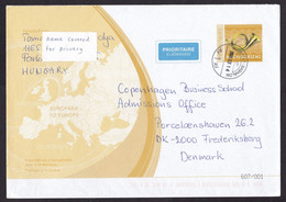 Hungary: Stationery Priority Cover To Denmark, 2009, Post Horn, Music Instrument, Map Of Europe (traces Of Use) - Cartas & Documentos